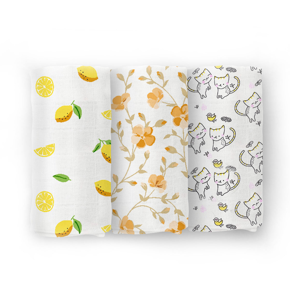 Organic Cotton Baby Muslin Cloth Swaddle | 0-12 Months | 100x100 CM | Lemon, Blossom, Cat | Pack of 3