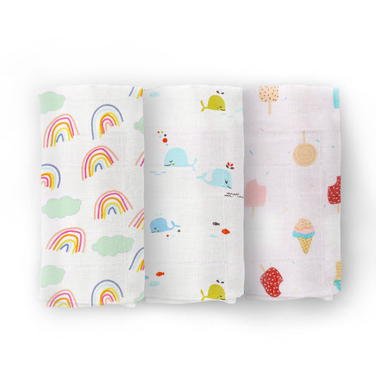 Organic Cotton Baby Muslin Cloth Swaddle | 0-12 Months | 100x100 CM | Rainbow, Whale, Icecream | Pack of 3