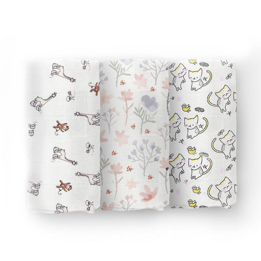 Organic Cotton Baby Muslin Cloth Swaddle | 0-12 Months | 100x100 CM | Jungle, Blossom, Cat | Pack of 3