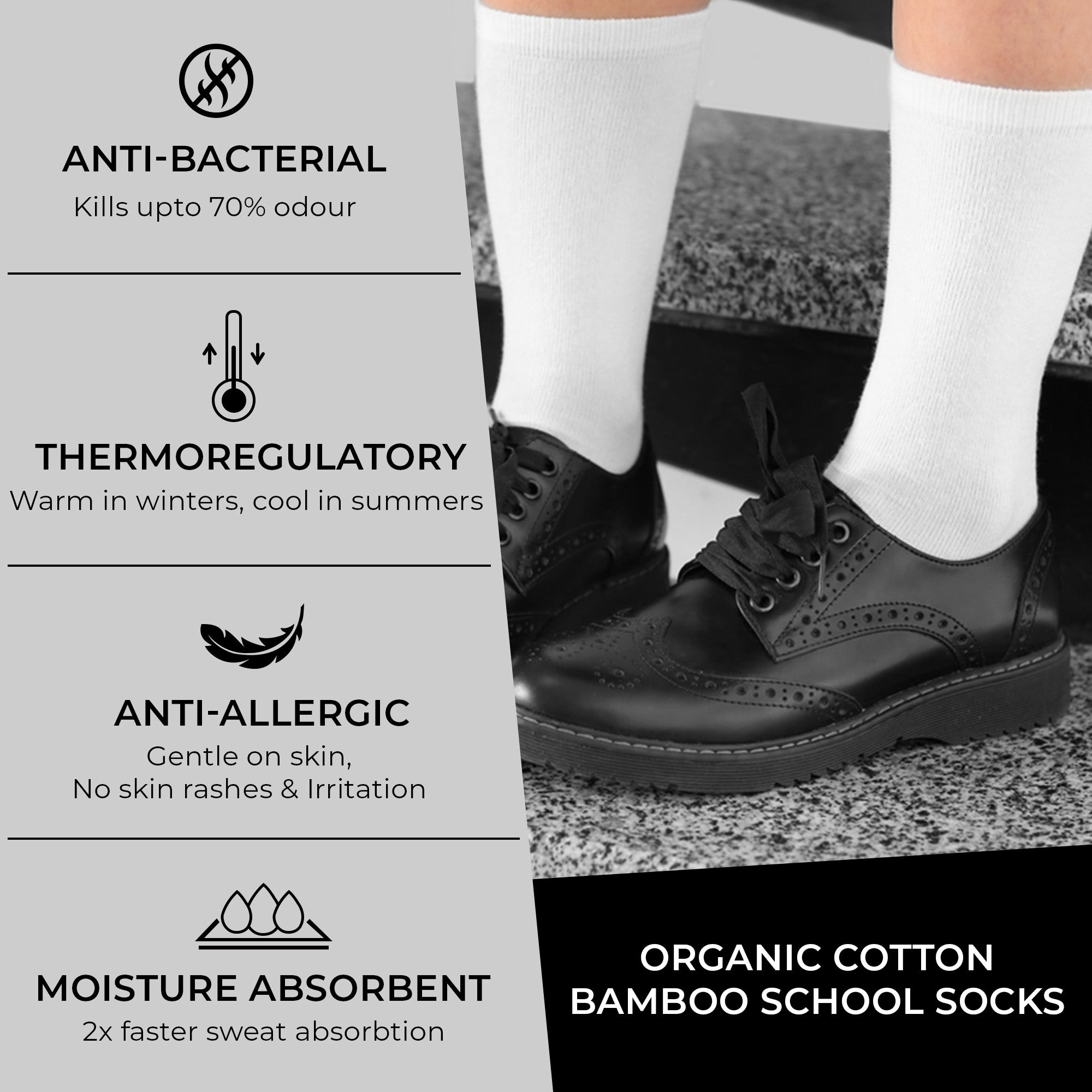 Kids Organic Cotton School Socks - Unisex - Calf length- Pack of 3 (Black and White)- Extra soft and Breathable