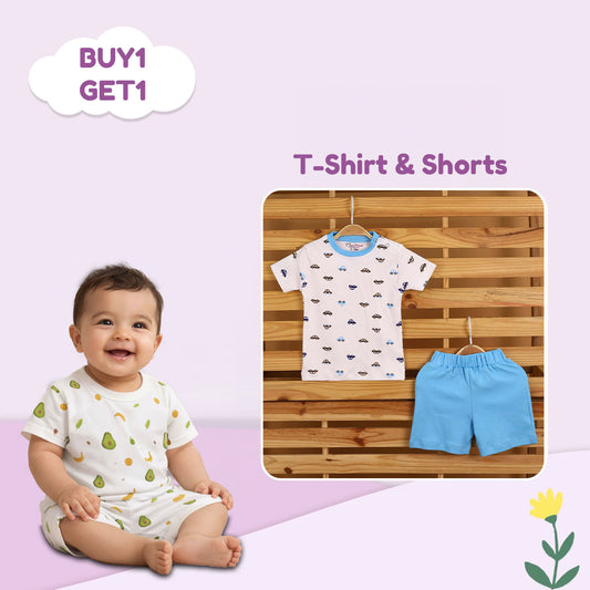Organic Cotton T-Shirt & Short For Infants & Toddlers | Soft Breathable Comfortable Summer Outfit For Baby Boys & Girls | Buy 1 Get 1 Free