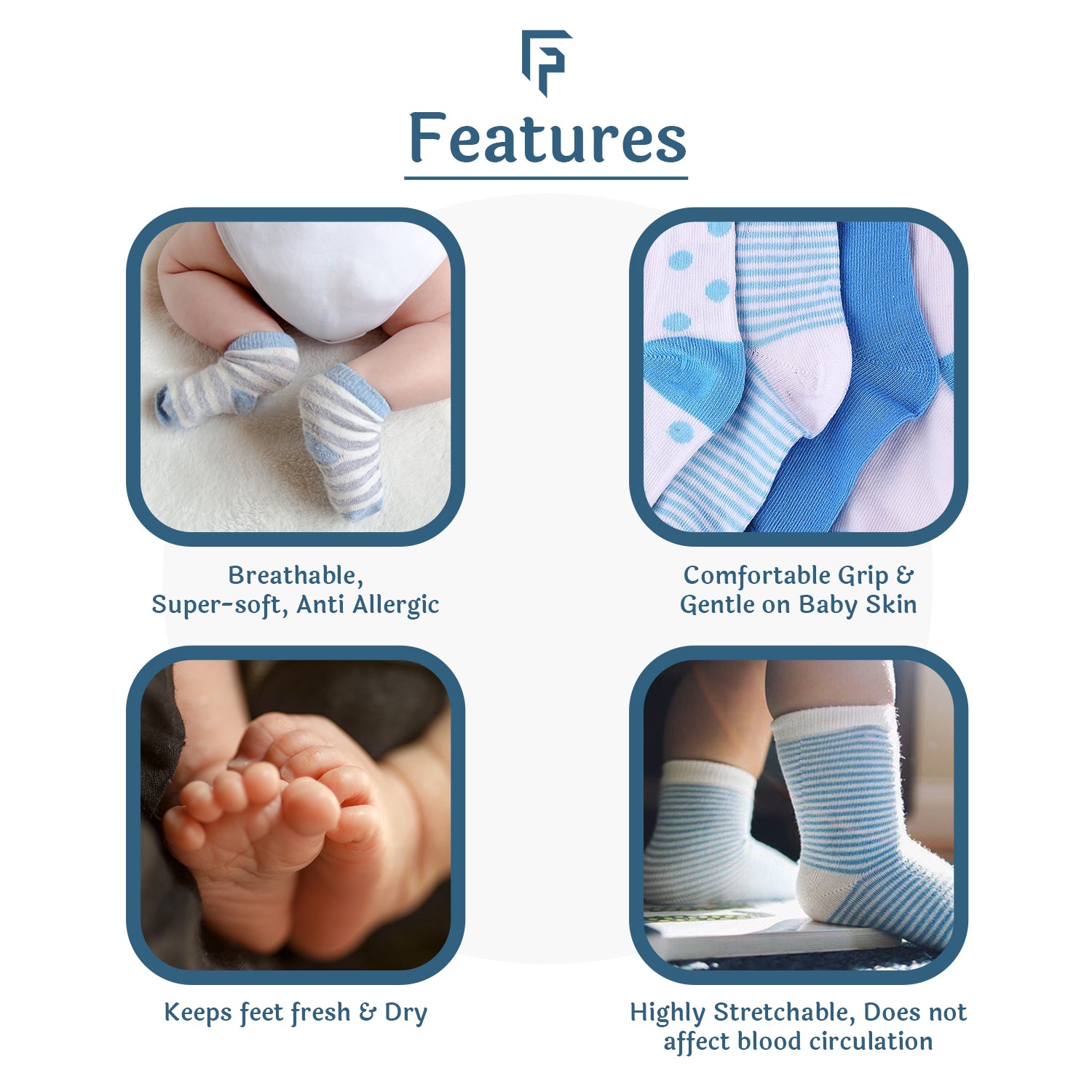 Footprints Super Soft  Organic Cotton Kids Socks | Fold & Blue Baseball |12-24 Months| Pack of 6