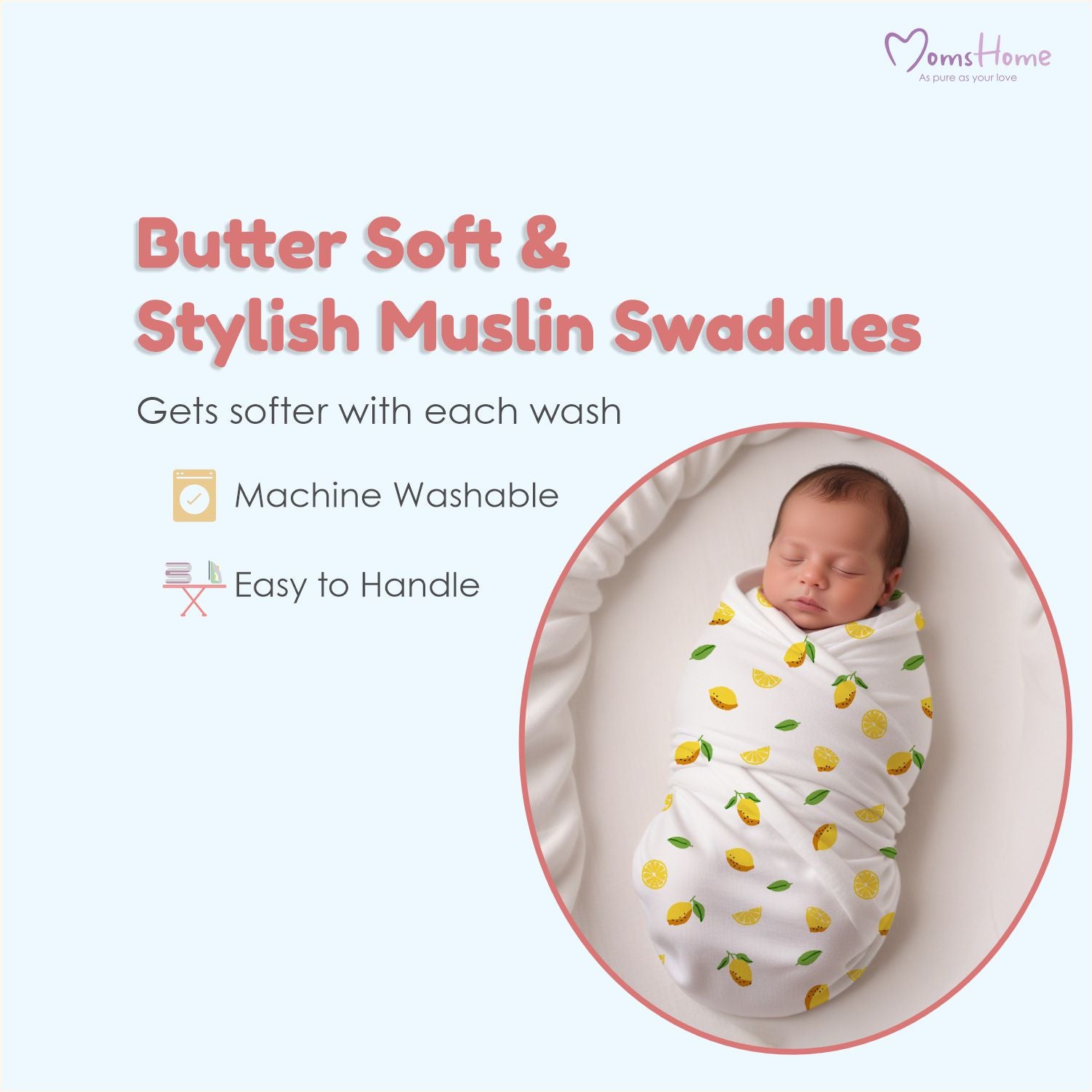 Mom's Home Organic Cotton Baby Muslin Cloth Swaddle 0-12 Months (Pack of 5)