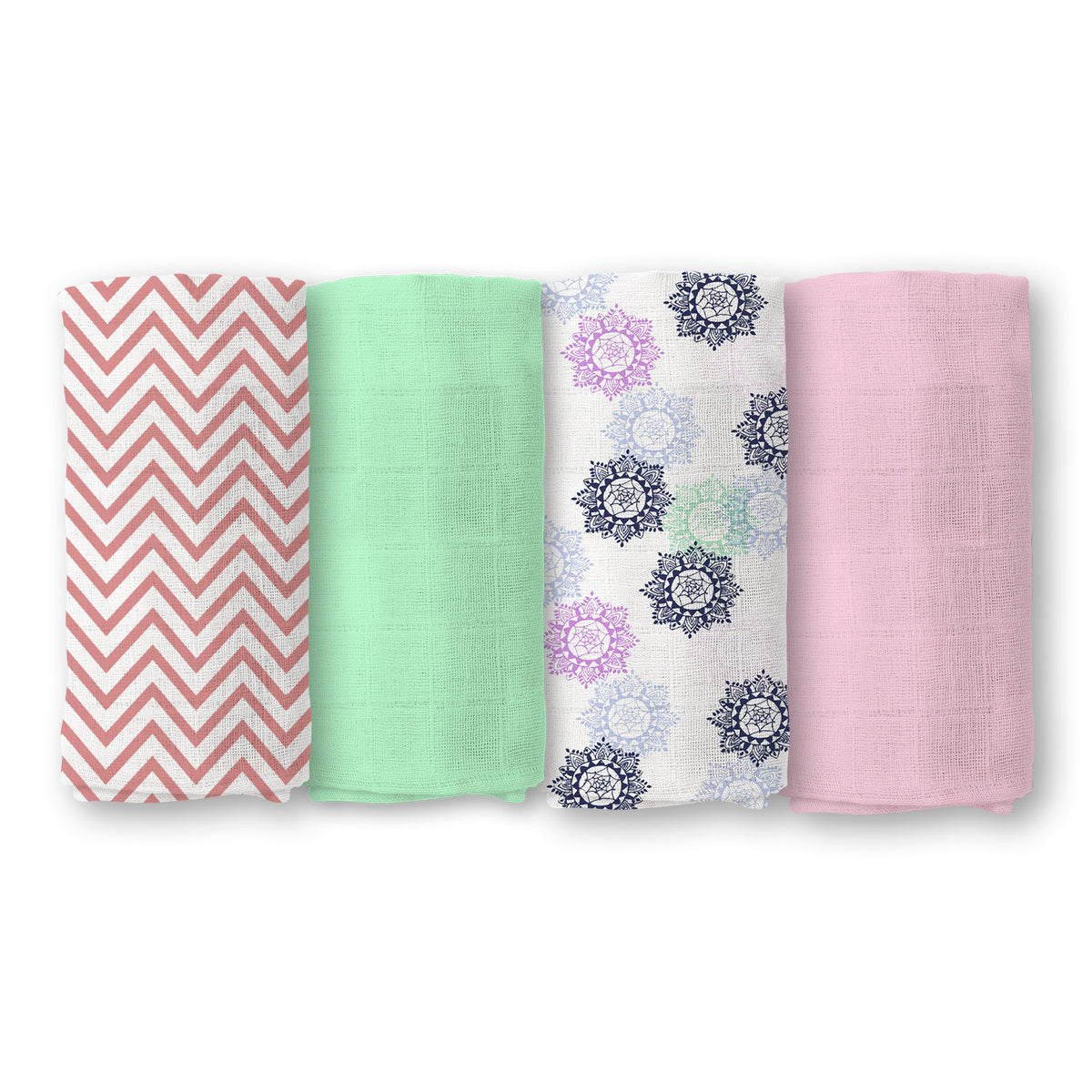 Organic Cotton Baby Muslin Cloth Swaddle | 0-12 Months | 100x100 CM | Pink Mandala, Zig Zag, Green Solid & Pink Solid | Pack of 4
