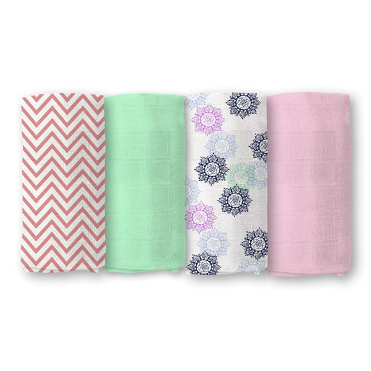 Organic Cotton Baby Muslin Cloth Swaddle | 0-12 Months | 100x100 CM | Pink Mandala, Zig Zag, Green Solid & Pink Solid | Pack of 4