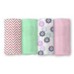Organic Cotton Baby Muslin Cloth Swaddle | 0-12 Months | 100x100 CM | Pink Mandala, Zig Zag, Green Solid & Pink Solid | Pack of 4