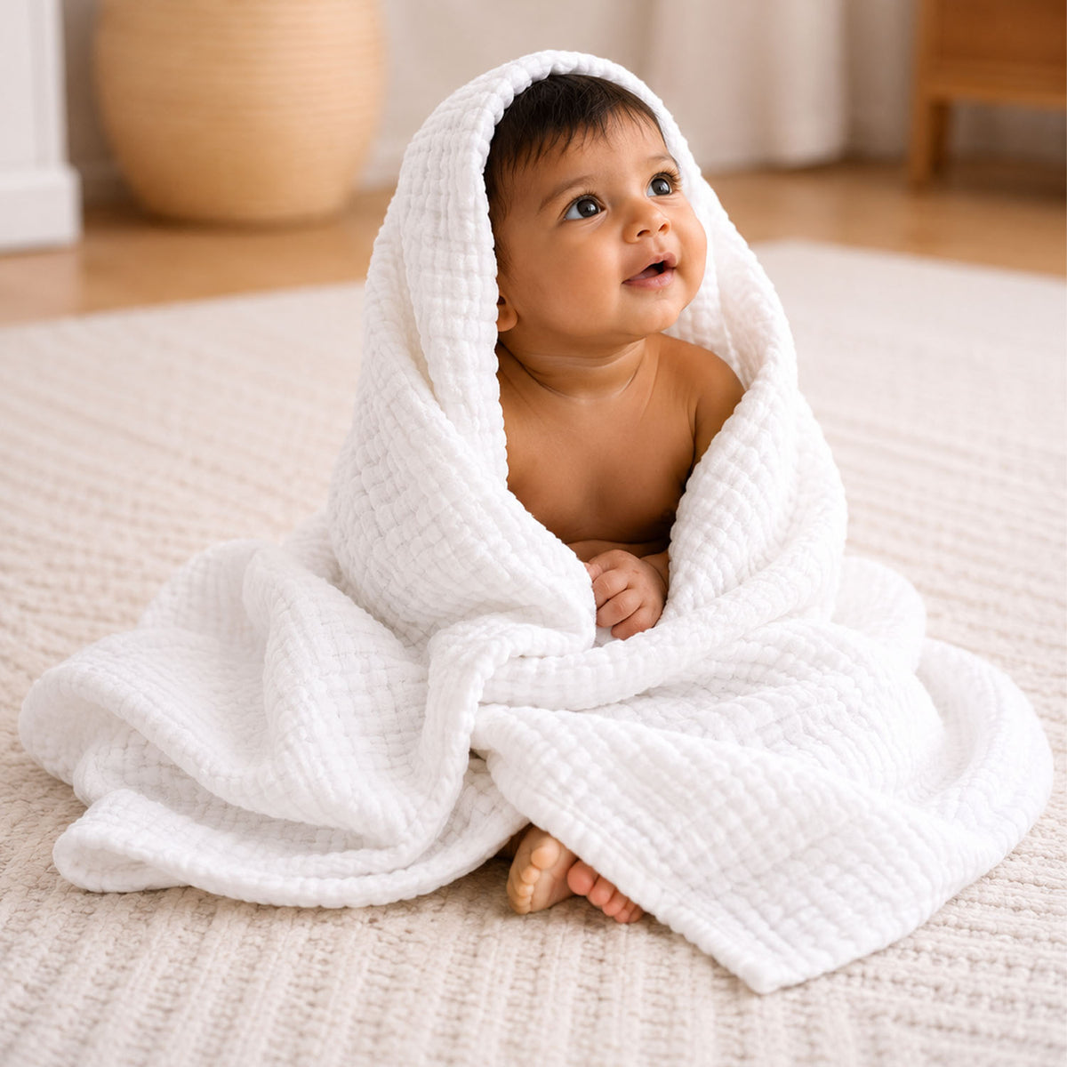 Baby Super Soft Absorbent Muslin 6 Layer wash Towel-100X100 CM | 0-3 Years | White