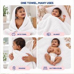 Baby Super Soft Absorbent Muslin 6 Layer wash Towel-100X100 CM | 0-3 Years | White