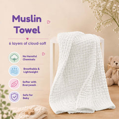 Baby Super Soft Absorbent Muslin 6 Layer wash Towel-100X100 CM | 0-3 Years | White