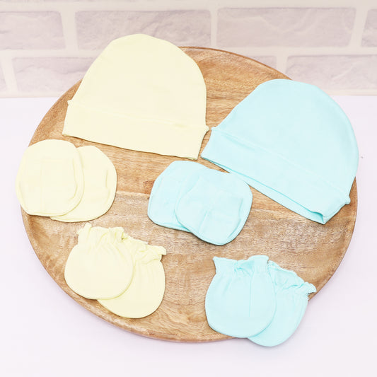 New Born Baby Cap Mitten Bootie Set | 0-3 Months | Yellow & Blue | Pack of 2