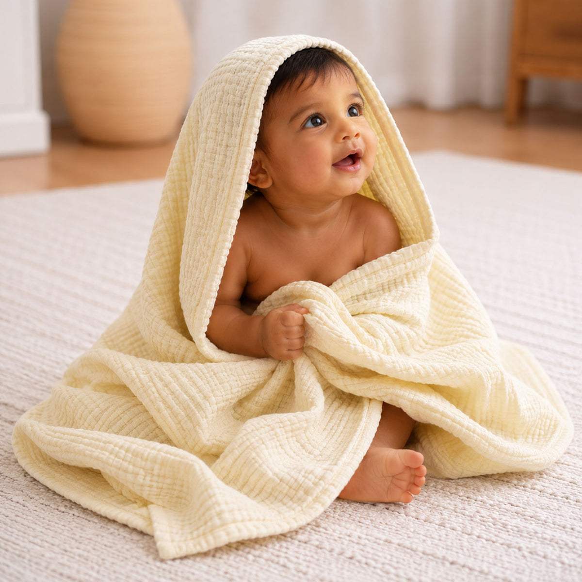 Baby Super Soft Absorbent Muslin 6 Layer wash Towel-100X100 CM-(0-3 Years)-Yellow