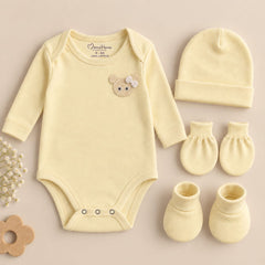 Organic Cotton Baby Full Sleeve Onesie with Cap, Mitten & Booties Set | Newborn Baby Clothing Set | Baby Shower Gift | 0-3 Months | Pack of 4