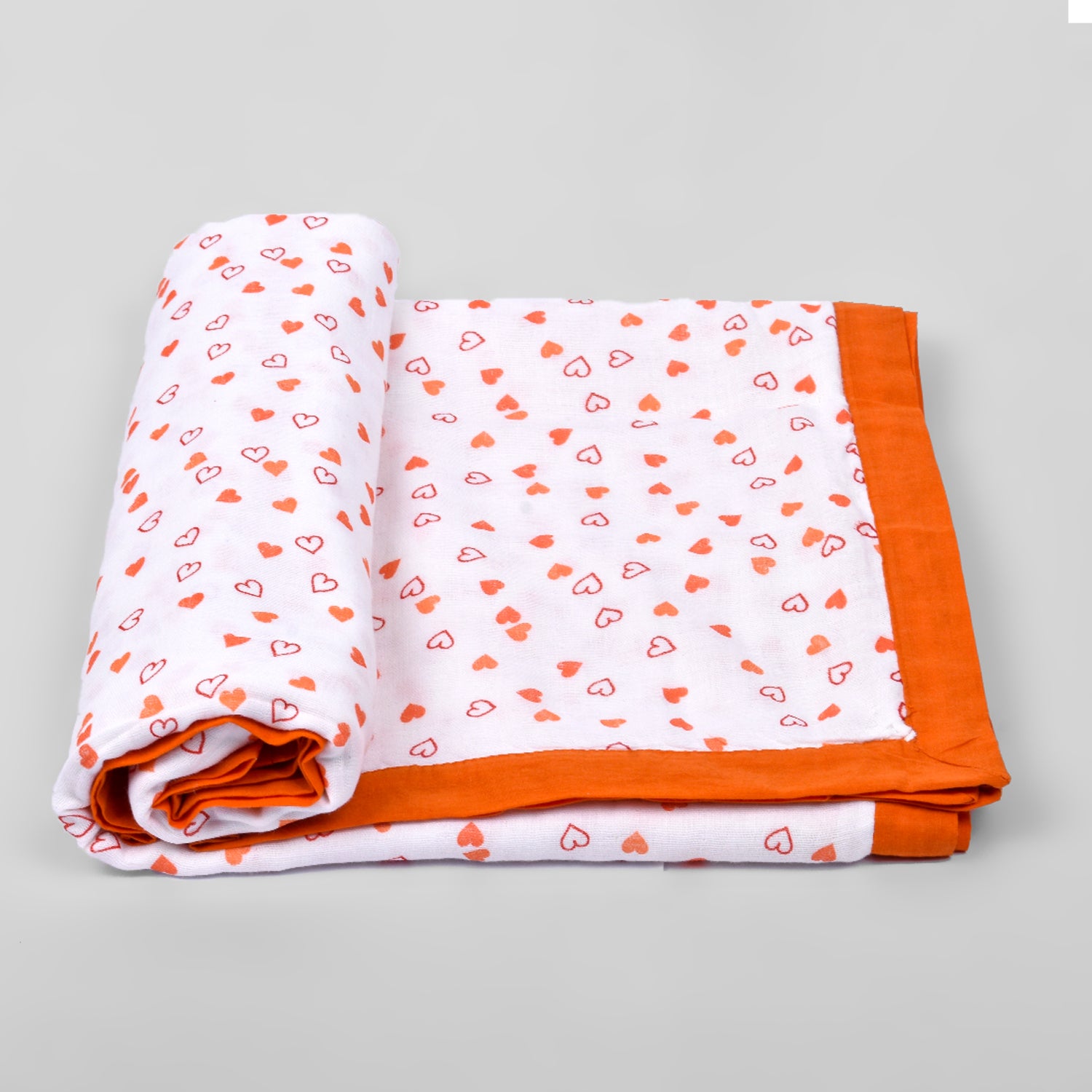 Baby Muslin Dohar- 100X100 CM-(0-3 Years)-Orange Heart