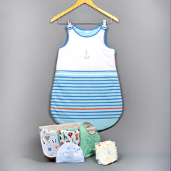 Organic Cotton Baby Blue Sleeping Sack Gift Set with Bibs & Napkins, 0-9 Months - 10 Items