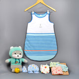 Organic Cotton Baby Blue Sleeping Sack Gift Set with Nappies & Napkins , 0-9 Months - 10 Items