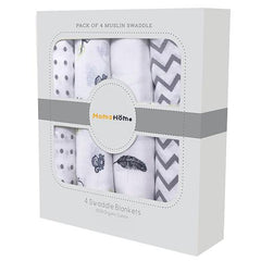 Baby Muslin Cloth Swaddle - 0-12 Months - Pack of 4 - Grey Box