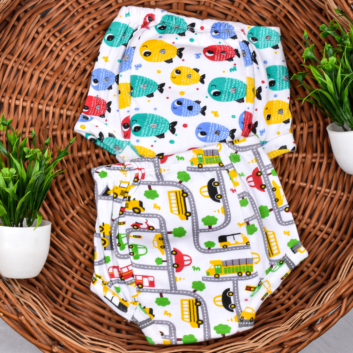 Baby Waterproof Pull up Potty Training Unisex Padded Underwear, Fish & Car - Pack of 2