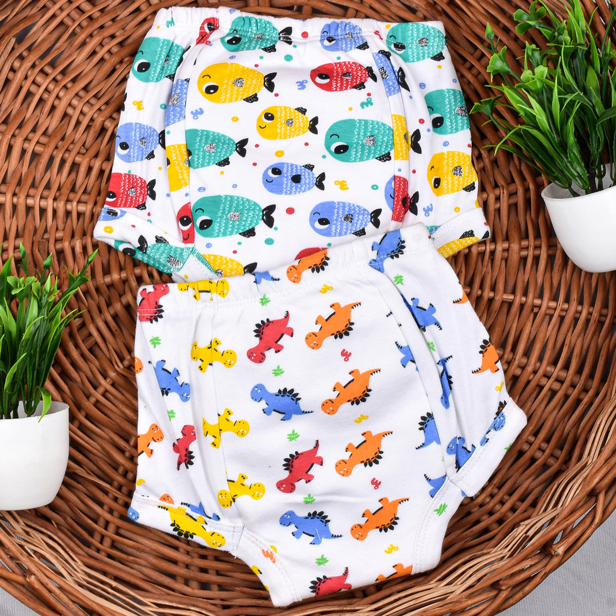 Baby Waterproof Pull up Potty Training Unisex Padded Underwear, Fish & Daino - Pack of 2