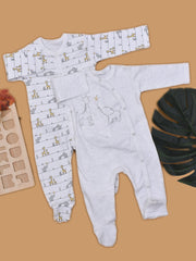Moms Home Organic Cotton Baby Winter Rompers Jungle Safari | Pack of 2 (0-3 Months)