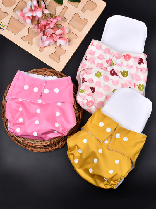 Moms Home Baby Reusable Cotton Pocket Diapers With 3 Inserts,  Adjustable 0-12 Months - Pack of 3
