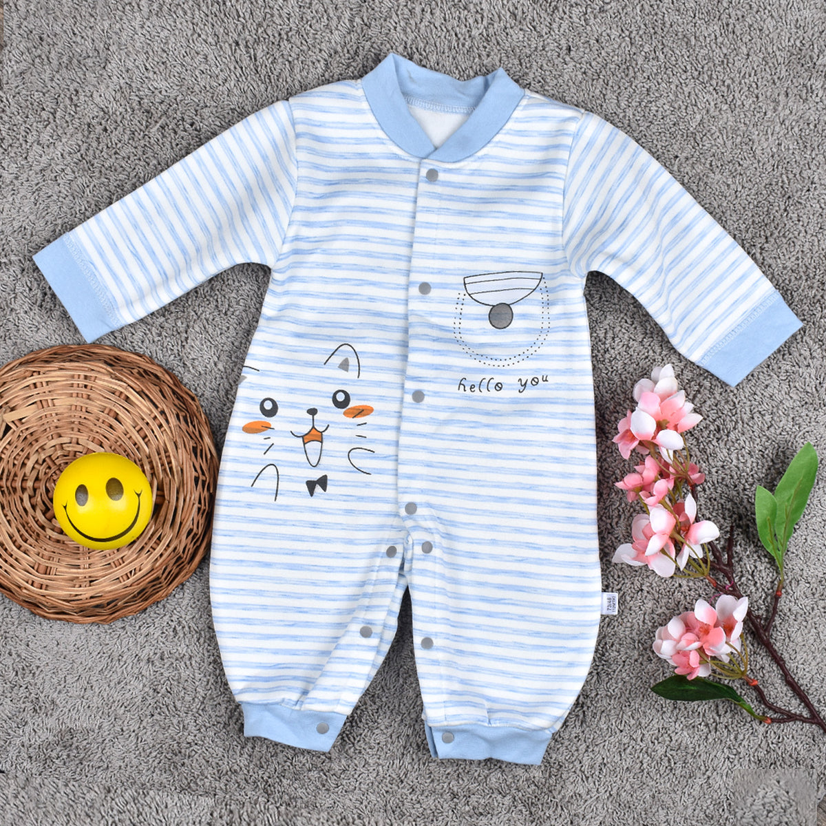 Baby's Warm Unisex Cotton Full Length Romper- Blue Strip