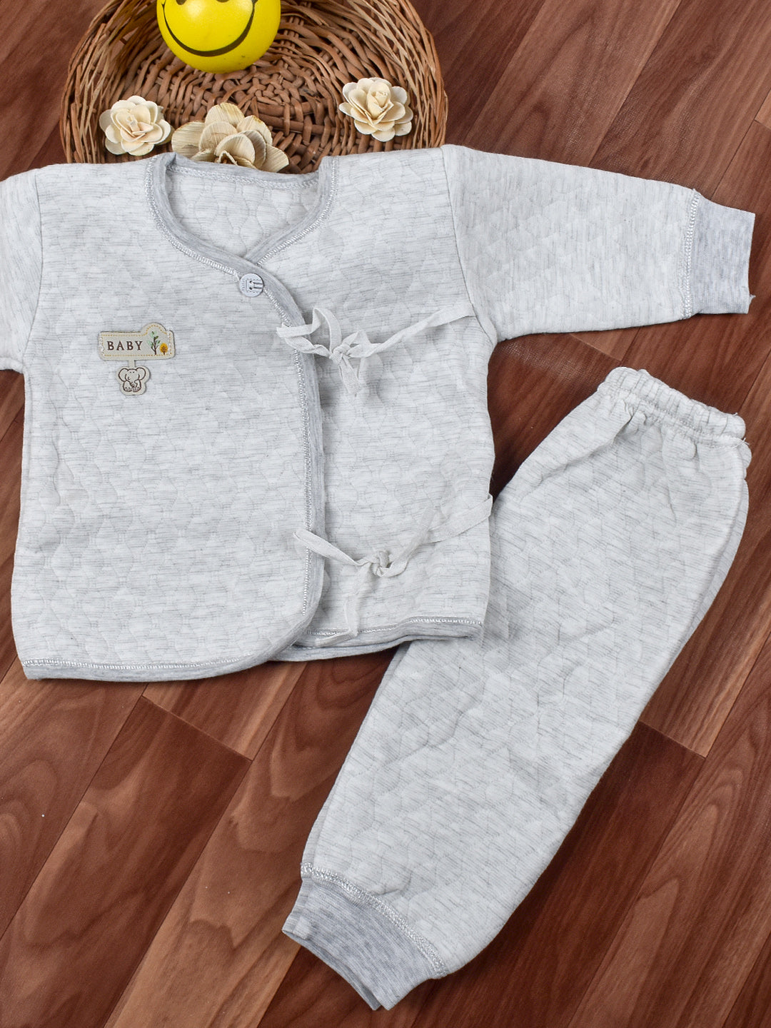 Newborn Baby's Warm Cotton Gift Set-1 Pajama and 1 Shirt- Grey