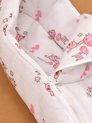 Baby Organic Cotton Muslin Sleeping cum Carrying Nest Bag- Pink Giraffe- 0-8 Months