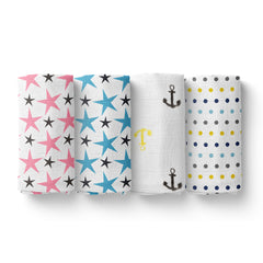 Baby Muslin Cloth Swaddle -0-12 Months-Pack of 4 -2 Star 1 Polka dot 1 Anchor