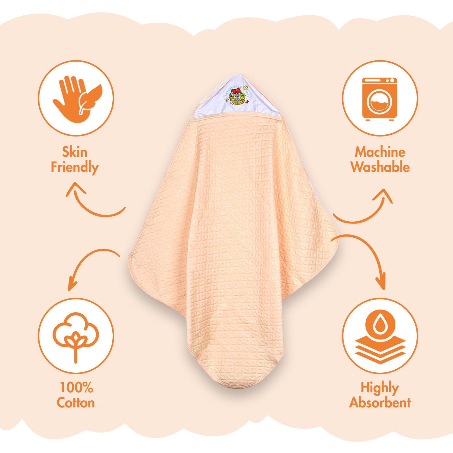Ultra Soft Cotton Baby Hooded Towel  - Peach - 70x70 cm ( 0-3 Months )