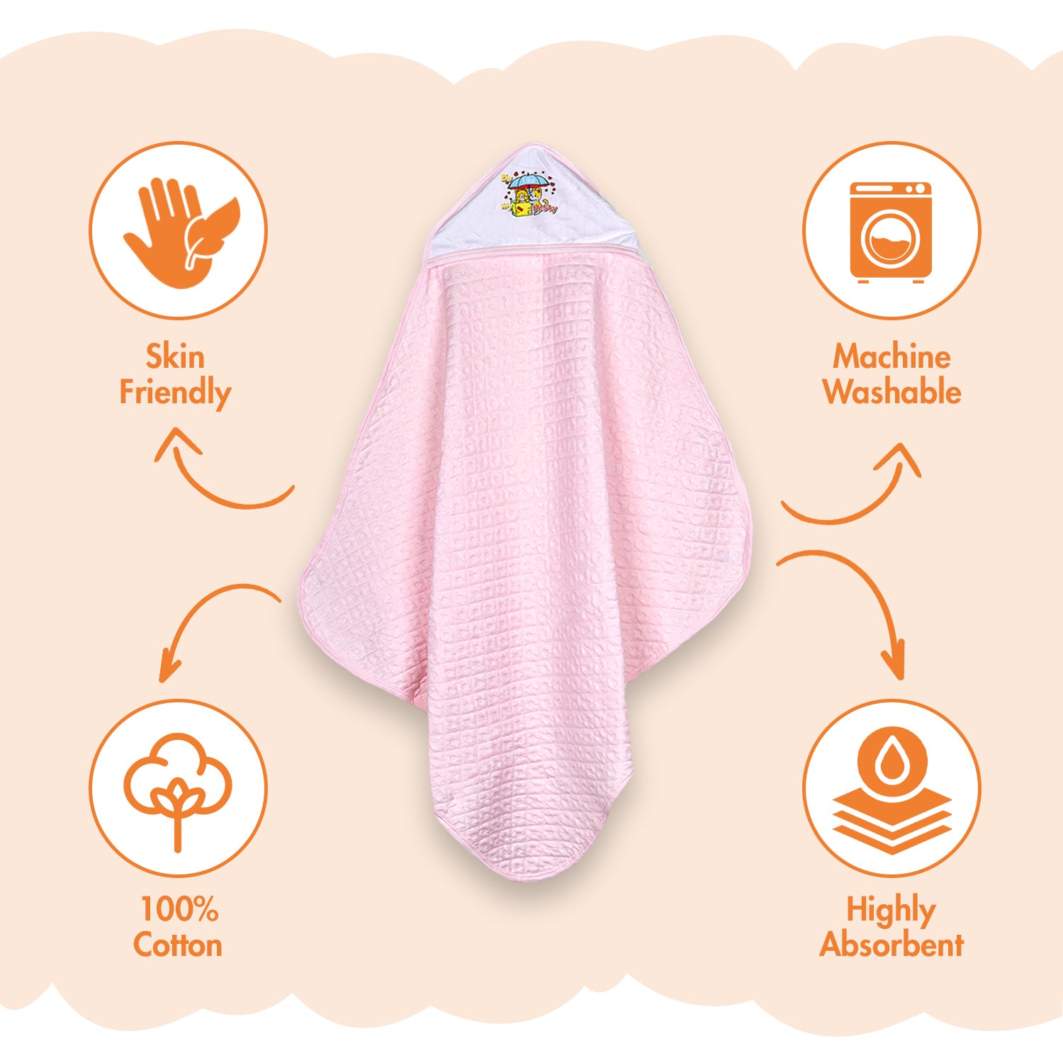 Ultra Soft Cotton Baby Hooded Towel  - Pink- 70x70 cm ( 0-3 Months )