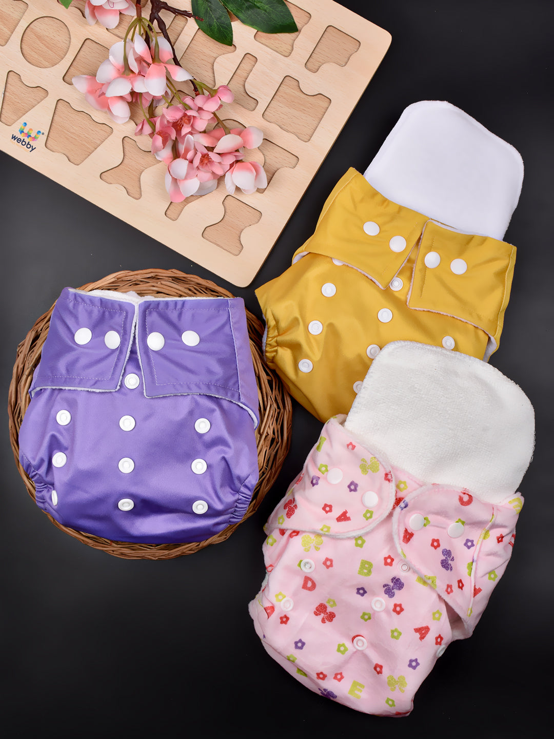 Moms Home Baby Reusable Cotton Pocket Diapers With 3 Inserts,  Adjustable 0-12 Months - Pack of 3