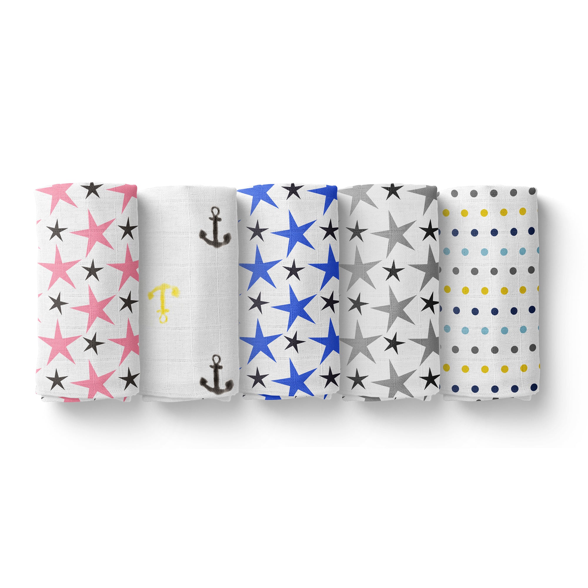 Baby Muslin Cloth Swaddle -0-12 Months - Pack of 5 -  Anchor, Dot, 3 Star