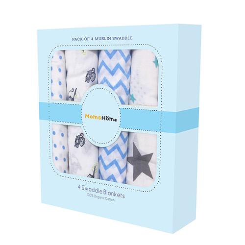 Baby Muslin Cloth Swaddle - 0-12 Months - Pack of 4 - Blue Box