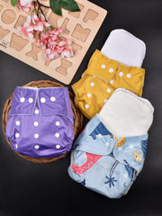 Moms Home Baby Reusable Cotton Pocket Diapers With 3 Inserts,  Adjustable 0-12 Months - Pack of 3