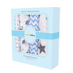 Baby Muslin Cloth Swaddle - 0-12 Months - Pack of 4 - Blue Box
