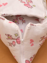 Baby Organic Cotton Muslin Sleeping cum Carrying Nest Bag- Pink Giraffe- 0-8 Months