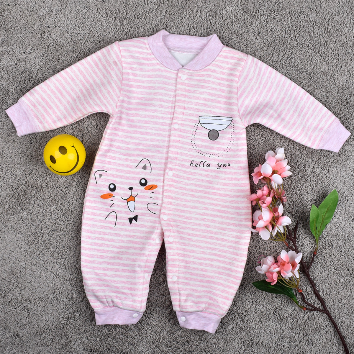 Baby's Warm Unisex Cotton Full Length Romper- Pink Strip