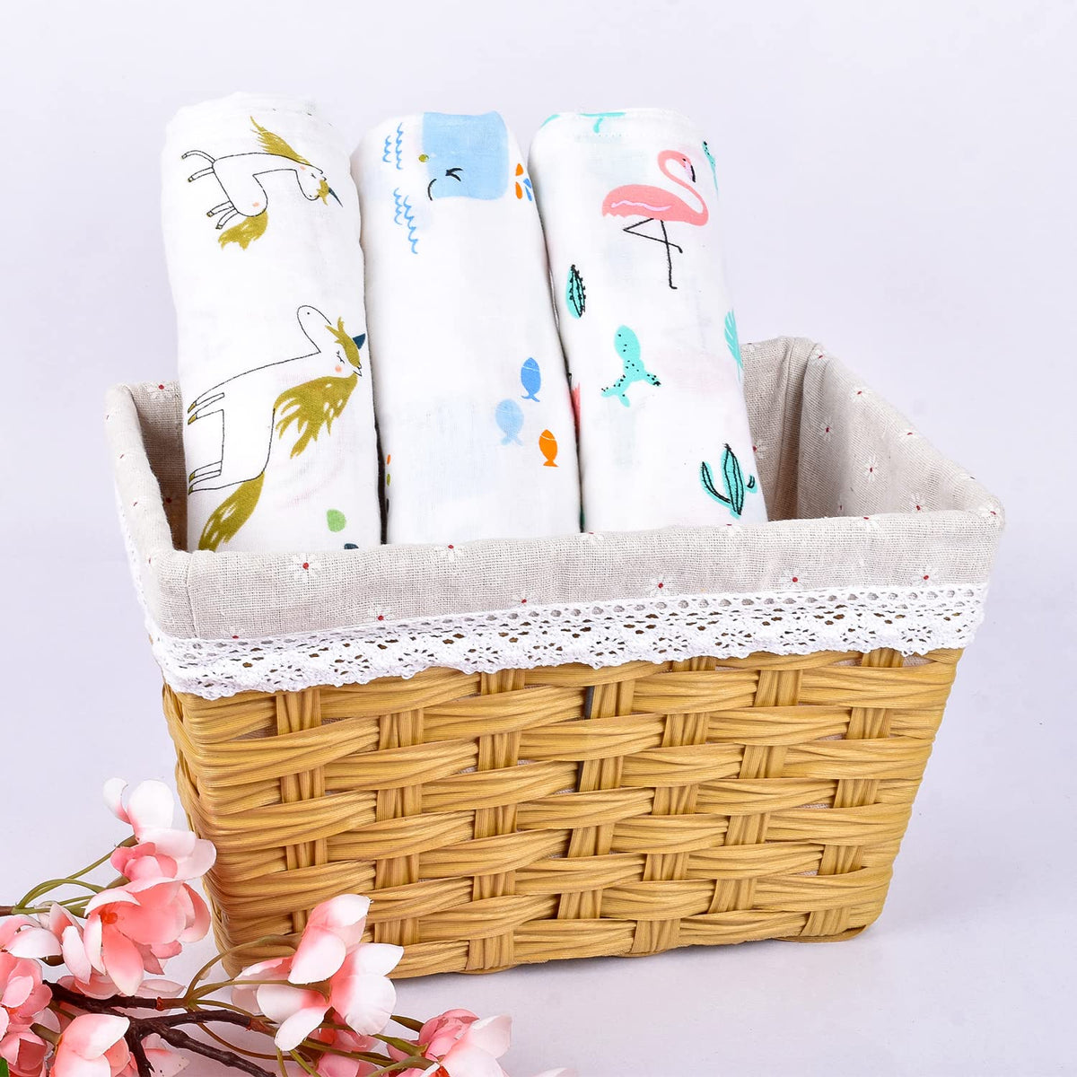 Baby Swaddle Wrap Organic Muslin cotton - 100x100 cm - Pack of 3 - Unicorn, Flamingo, Whale