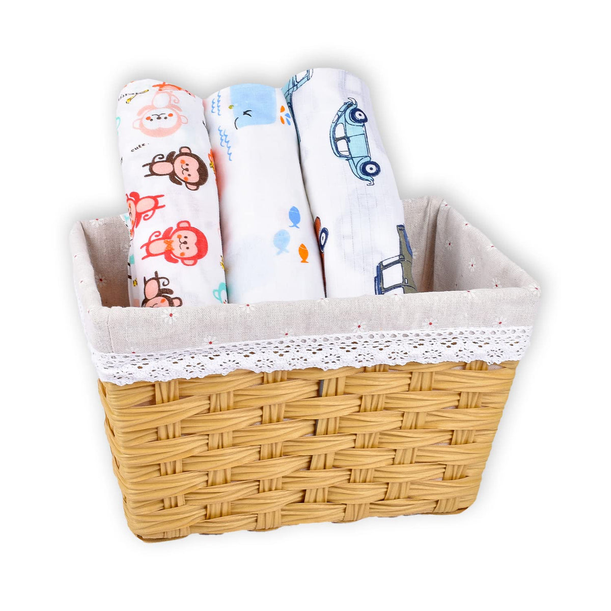 Mom's Home Baby Swaddle Wrap Organic Muslin cotton - 100x100 cm - Pack of 3 - Monkey, Whale, Car