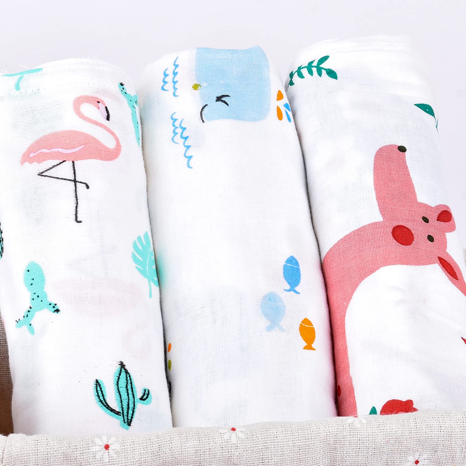 Baby Swaddle Wrap Organic Muslin cotton - 100x100 cm - Pack of 3 Jungle, Flamingo, Whale
