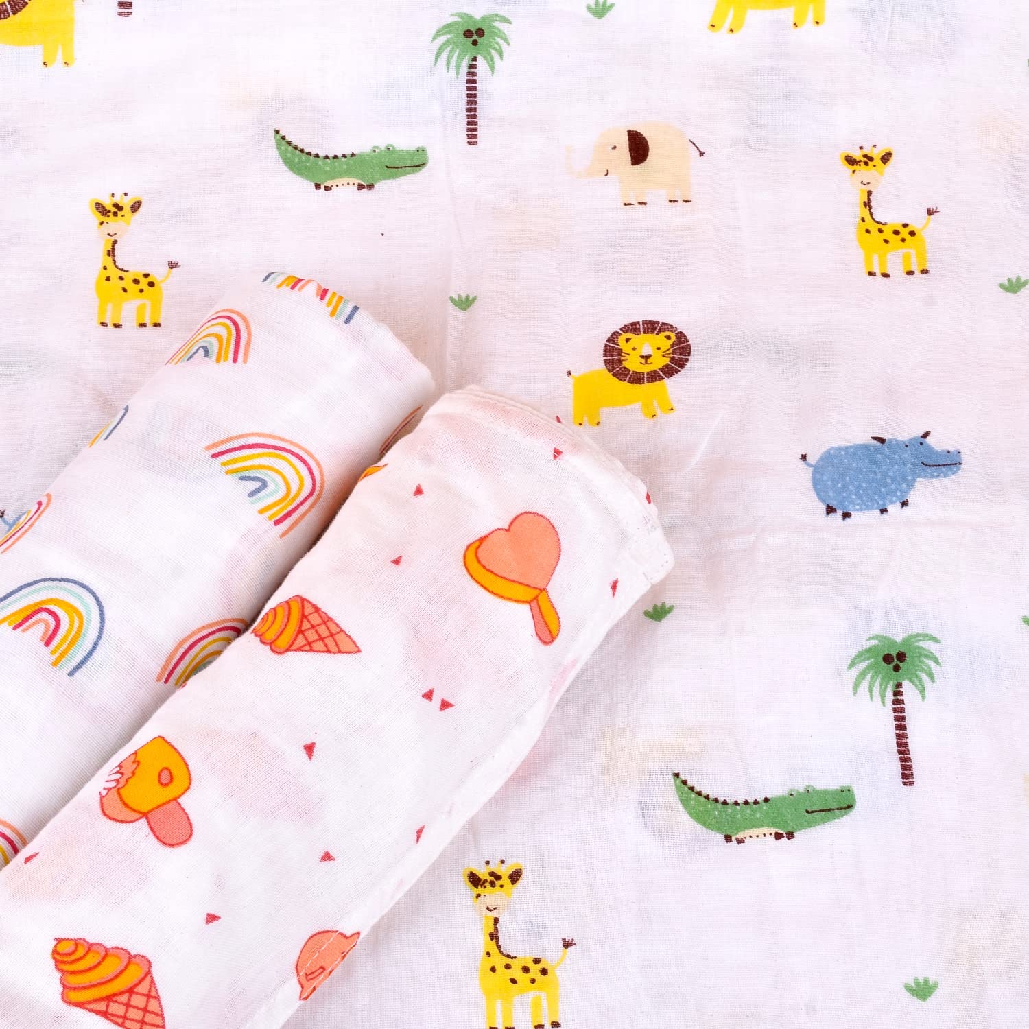 Baby Swaddle Wrap Organic Muslin cotton - 100x100 cm - Pack of 3 - Rainbow, Jungle, Icecream