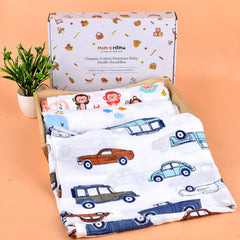Mom's Home Baby Swaddle Wrap Organic Muslin cotton - 100x100 cm - Pack of 3 - Monkey, Whale, Car