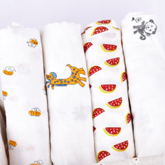 Mom's Home Organic Cotton Super Soft Baby Muslin Cloth Swaddle - 0-12 Months - Pack of 4 - BEE,Watermelon, Giraffe, Monkey