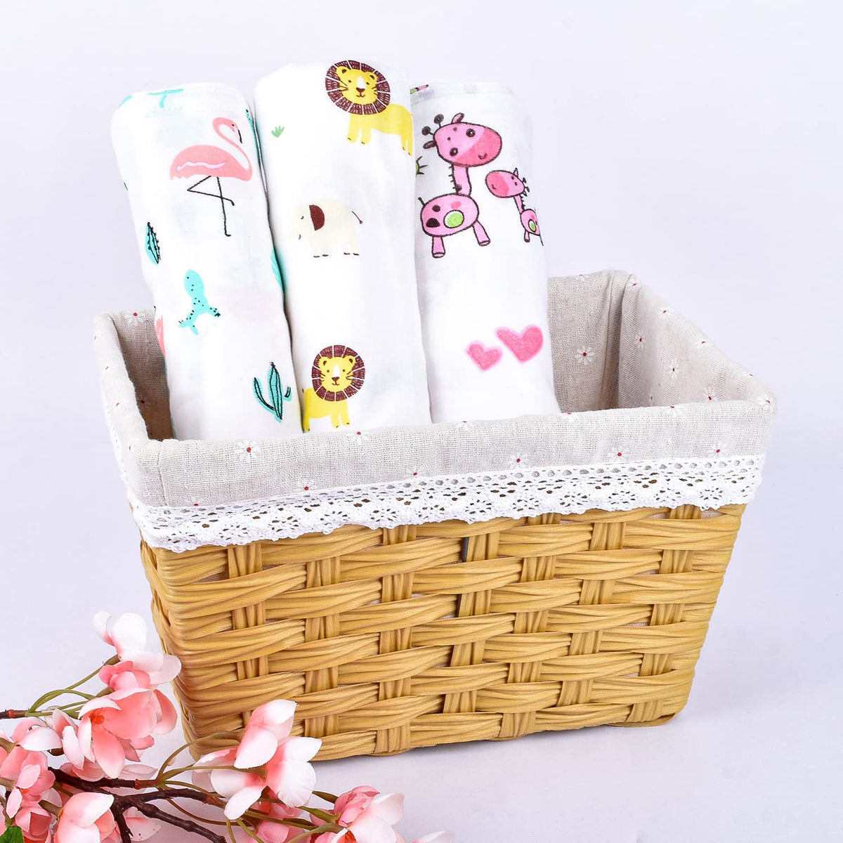 Baby Swaddle Wrap Organic Muslin cotton - 100x100 cm - Pack of 3 -Pink Giraffe, Flemingo, Jungle