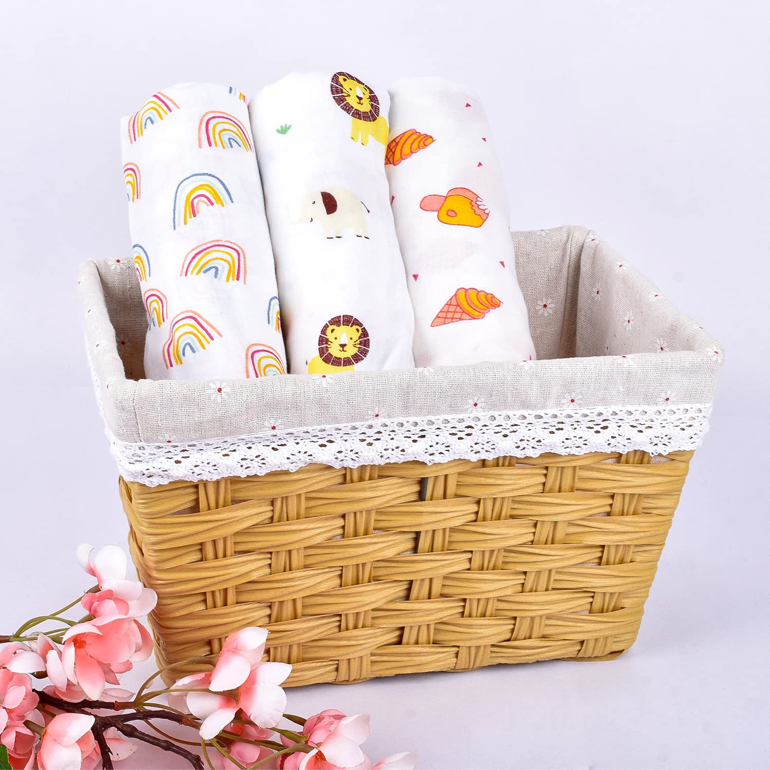 Baby Swaddle Wrap Organic Muslin cotton - 100x100 cm - Pack of 3 - Rainbow, Jungle, Icecream