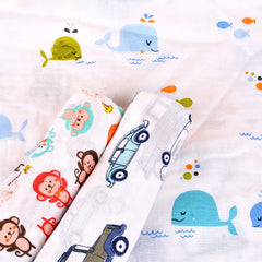 Mom's Home Baby Swaddle Wrap Organic Muslin cotton - 100x100 cm - Pack of 3 - Monkey, Whale, Car