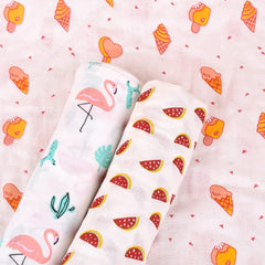 Baby Swaddle Wrap Organic Muslin cotton - 100x100 cm - Pack of 3 -Watermelon, Flamingo, Icecream