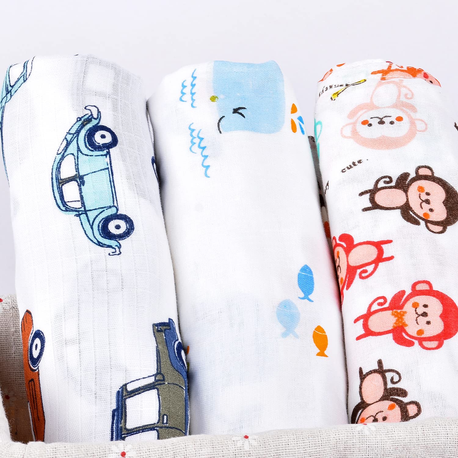 Mom's Home Baby Swaddle Wrap Organic Muslin cotton - 100x100 cm - Pack of 3 - Monkey, Whale, Car