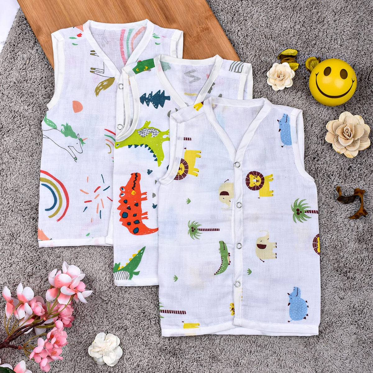 Baby Unisex Organic Cotton Muslin Jhabla - Unicorn, Lion, Dinosaur 0-3 Months Pack of 3