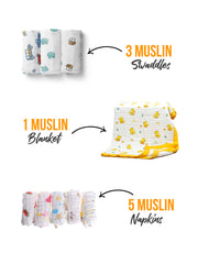 BABY UNISEX SUPERSOFT  ORGANIC COTTON MUSLIN -9 PIECES GIFT SET